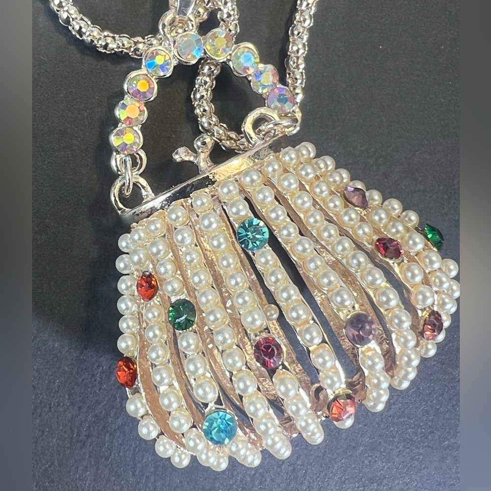 New Faux Pearl & Multicolor Rhinestone Evening Bag Necklace in Rose Gold - Picture 3 of 11